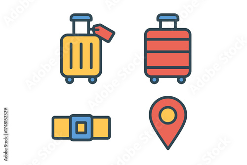 Set of colorful travel symbols including rolling luggage and location pin marker