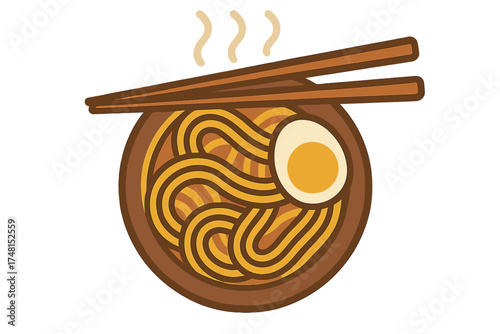 Steaming Japanese ramen noodles in a bowl with boiled egg and chopsticks