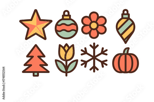 Colorful seasonal and holiday icons including star, ornaments, flower, tree, snowflake, and pumpkin symbols