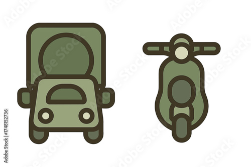 Muted olive green transportation icons featuring a commercial box truck and a delivery scooter