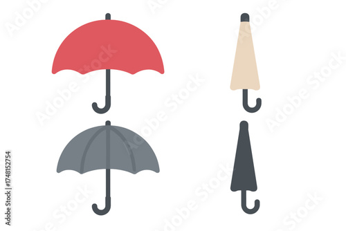 Four different colored umbrellas in open and closed positions representing rain and weather