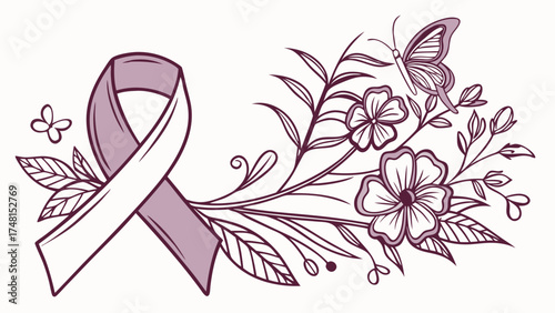 Awareness Ribbon with Floral Design and Butterfly Illustration.