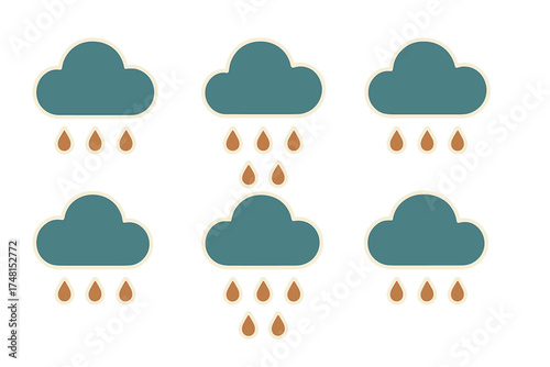 Six repeating stylized rain clouds dropping brown raindrops in a seamless pattern