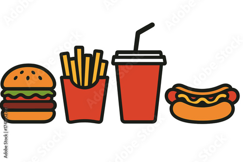 Simple fast food combo meal featuring a burger, french fries, soda, and hot dog icons