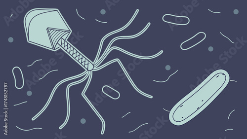 Bacteriophage virus attacking bacteria cell scientific illustration microbiology drawing vector graphic design.