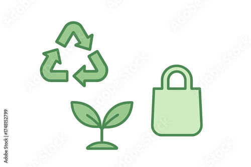 Set of eco friendly symbols featuring recycling arrows, plant sprout, and reusable shopping bag