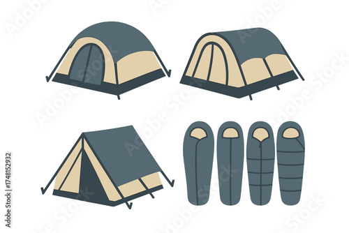 Collection of essential camping gear items including various tent shapes and sleeping bag designs