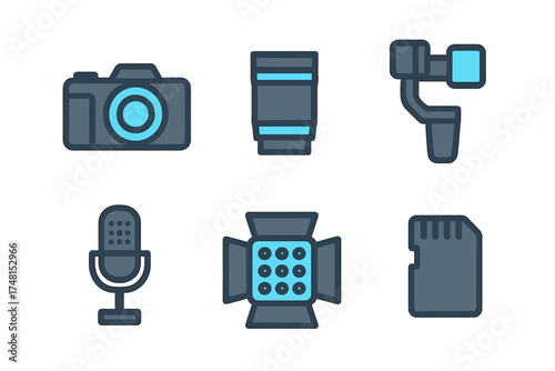 Professional media production equipment icons set including camera lens gimbal and microphone
