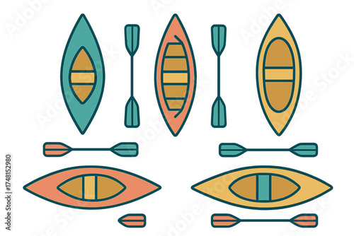 Stylized collection of colorful kayaks and canoes with paddles for summer water sports and outdoor recreation