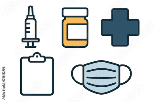 Syringe, medicine bottle, first aid cross, clipboard, and face mask medical equipment set