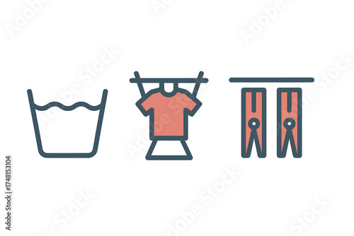 Set of laundry symbols featuring water basin, drying shirt, and clothespins for washing tasks