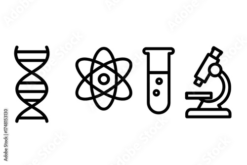 Minimal line art symbols for scientific research, featuring DNA, atom, test tube, and microscope