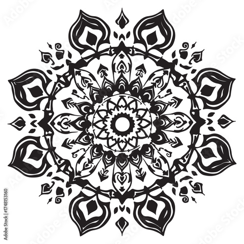 A complex mandala design isolated on white background, showcasing intricate patterns and symmetrical balance in a monochrome color scheme