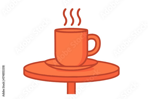 Warm beverage mug and saucer resting on a small round cafe table