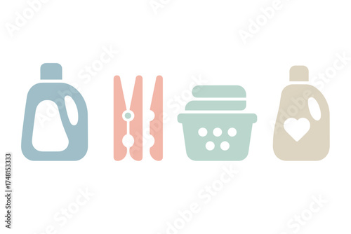 Minimalist set of laundry icons featuring detergent, clothespin, and clothes basket