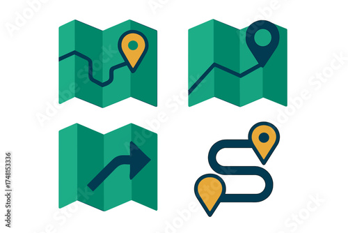 Flat design icons for travel routes, folded paper maps, and GPS location markers