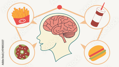 Brain and Junk Food Illustration of Cravings and Mind Connection.