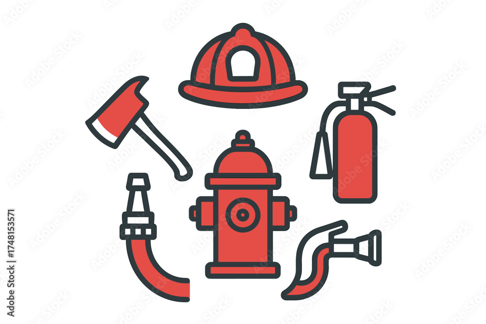 Obraz premium Essential firefighting equipment set featuring helmet, axe, hydrant, extinguisher, and hose nozzle