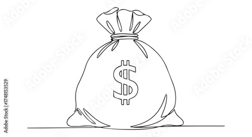 Line art drawing of a money bag with a dollar sign isolated on transparent background
