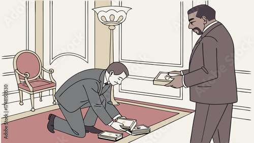 Businessmen exchanging money in an elegant room.