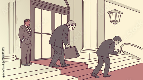 Businessmen entering building elegant entrance professional attire formal setting stairs briefcase escalator corporate office career success ambition arrival departure meeting nego.