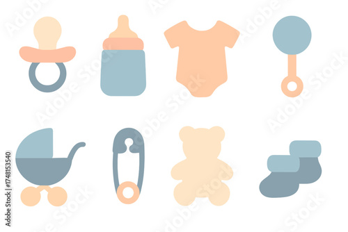 Newborn baby accessories and childcare objects set including feeding bottle, pacifier, bodysuit, and pram in gentle pastel colors