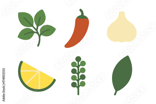 Essential cooking ingredients including chili pepper garlic lime and fresh herbs