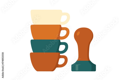 Stack of colorful espresso cups next to a professional coffee tamper tool for barista equipment
