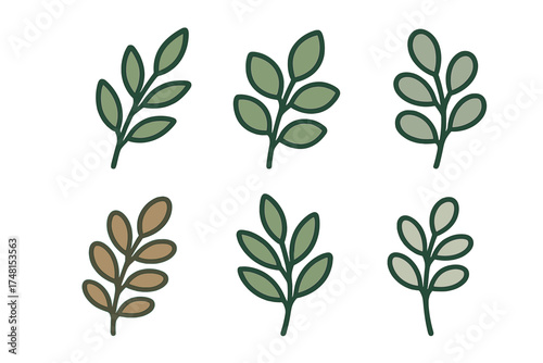 Six stylized sprigs of leaves in various shades of green and brown for nature design elements