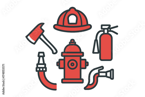 Essential firefighting equipment set featuring helmet, axe, hydrant, extinguisher, and hose nozzle