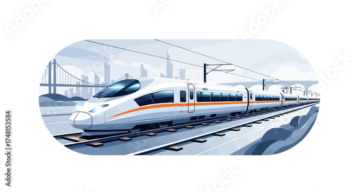 A sleek high-speed electric train speeds along tracks against a futuristic cityscape, symbolizing modern rapid transit and advanced rail travel