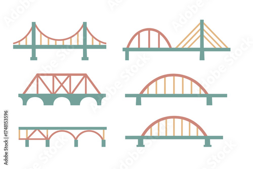 Set of six different types of bridges including suspension arch truss and cable-stayed designs