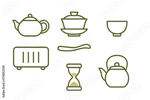 Minimalist outline icons set of traditional tea ceremony utensils and timing devices