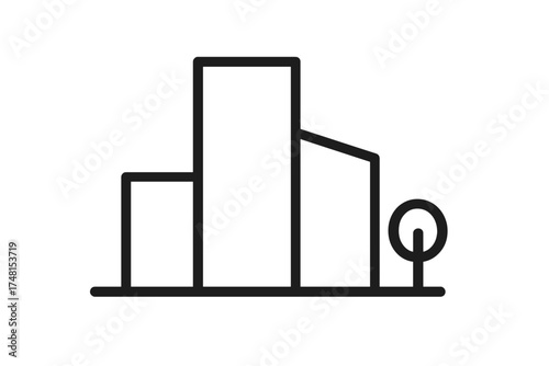 Minimalist outline icon of a modern city skyline featuring tall buildings and a park tree