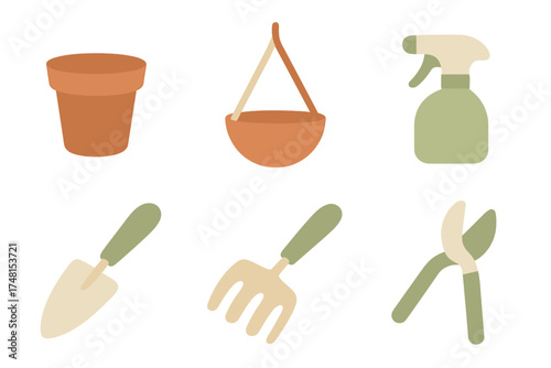 Set of essential gardening tools and planting supplies collection in earthy tones