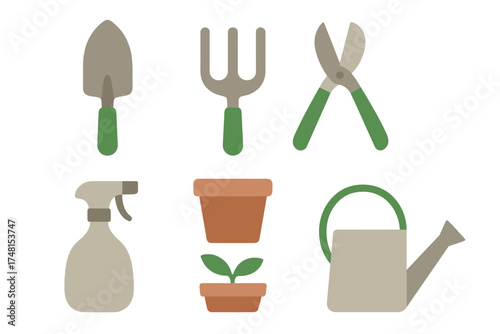 Essential collection of gardening tools and supplies including trowel, shears, watering can, and potted seedling