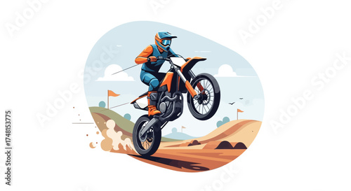 Dynamic off-road motorcycle rider in action, performing an exhilarating wheelie on a challenging dirt track under a clear sky, embodying extreme sports and adventure