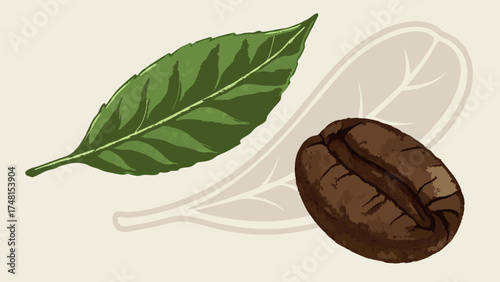 Coffee bean and leaf illustration roasted coffee bean green leaf coffee plant coffee graphic caffeine beverage hot drink aroma botanical illustration coffee shop cafe espresso mocha.