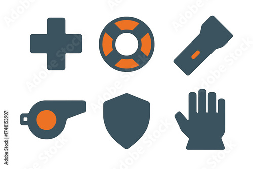 Essential safety and emergency symbols including first aid cross, lifebuoy, flashlight, whistle, shield, and glove