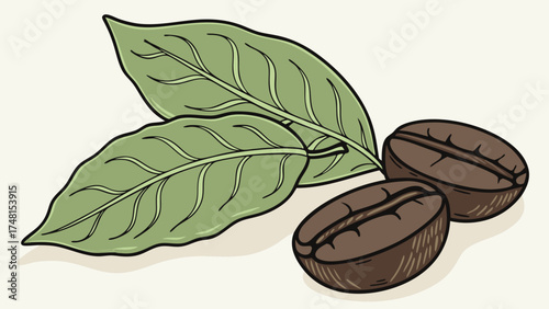 Coffee beans and leaves illustration hand-drawn style organic coffee cafe menu design coffee shop beverage caffeine roasted beans arabica robusta coffee plant green leaves brown beans.