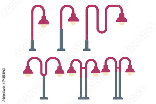 Modern outdoor street lights and park lamps collection with curved posts and flat design