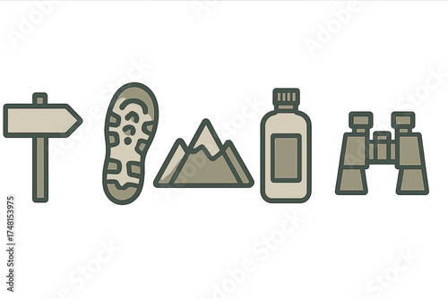 Outdoor adventure and hiking equipment symbols including signpost boot sole mountains water bottle and binoculars