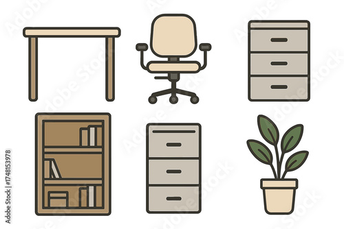 Collection of essential office furniture and accessories including desk chair and storage