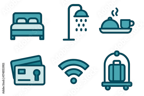 Modern collection of hotel and travel amenities symbols for room, hygiene, food, access, internet, and baggage services