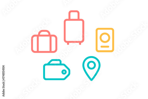 Essential travel and vacation planning elements featuring luggage, passport, wallet, and destination marker