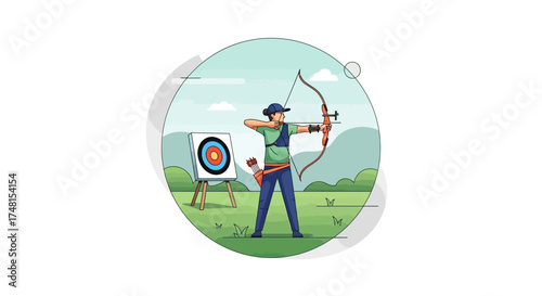 Archery Target Practice Archer Aiming with Bow and Arrow Illustration