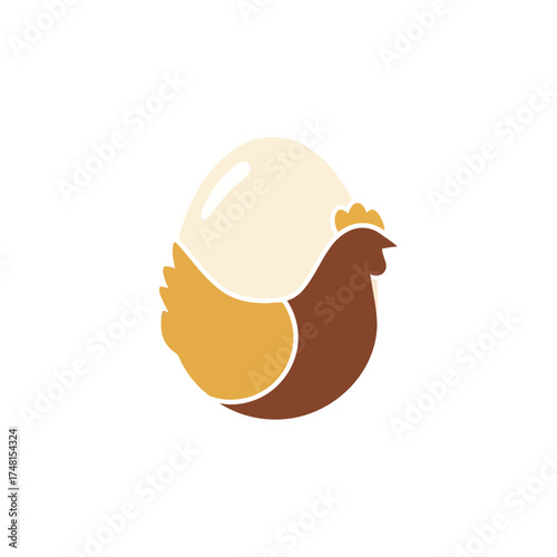 Minimalist flat icon of a chicken and an egg merged into a unified shape, a creative logo concept for a poultry farm or organic food business