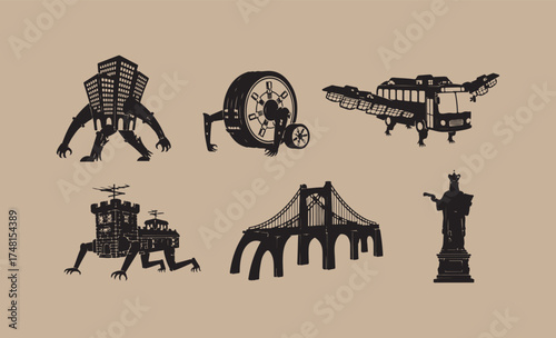Six silhouette illustrations of mechanical creatures and structures