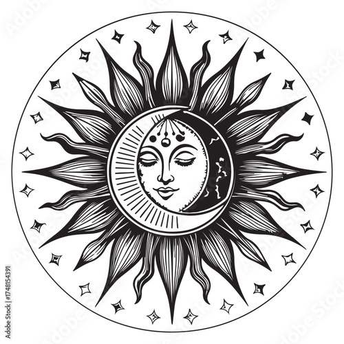 Celestial sun and moon design isolated on white background, featuring intricate details and cosmic symbolism in monochrome illustration