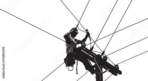 Silhouette of a lineman working high up on power lines against a transparent background